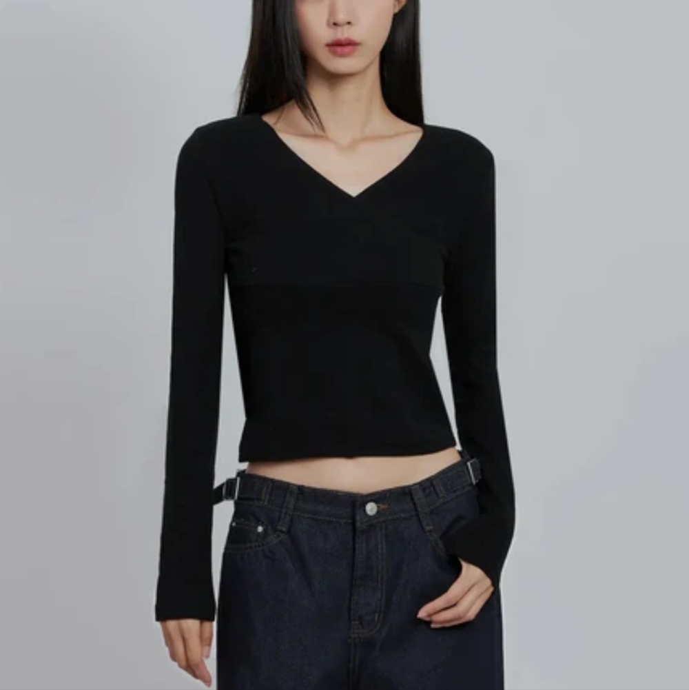 Black V-Neck Long Sleeve Top Medium